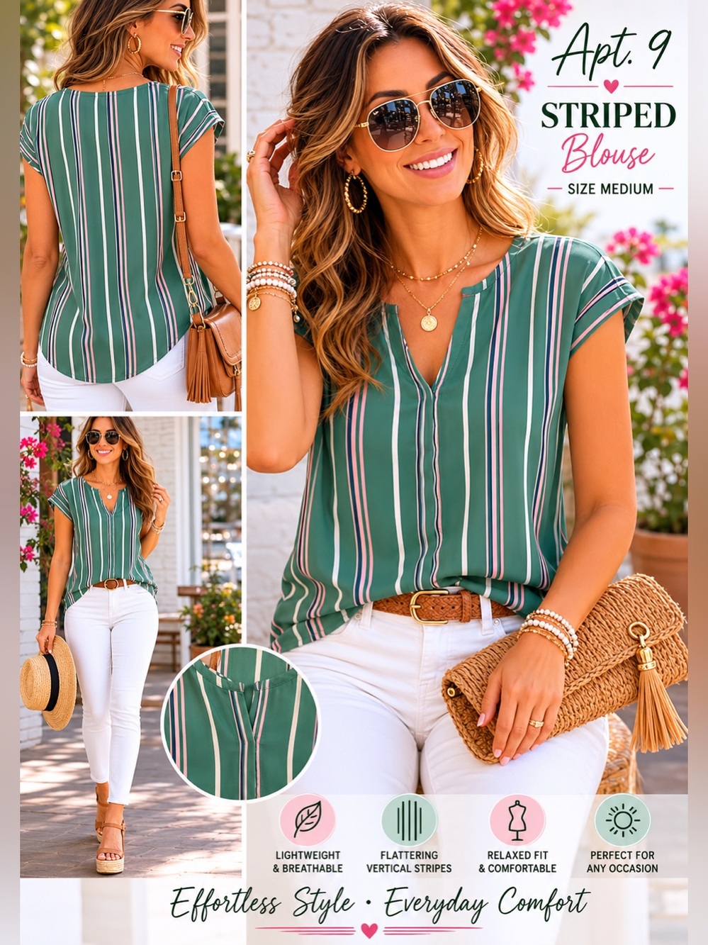 Apt. 9 Green Stripe Blouse Medium | Casual Chic Summer Top